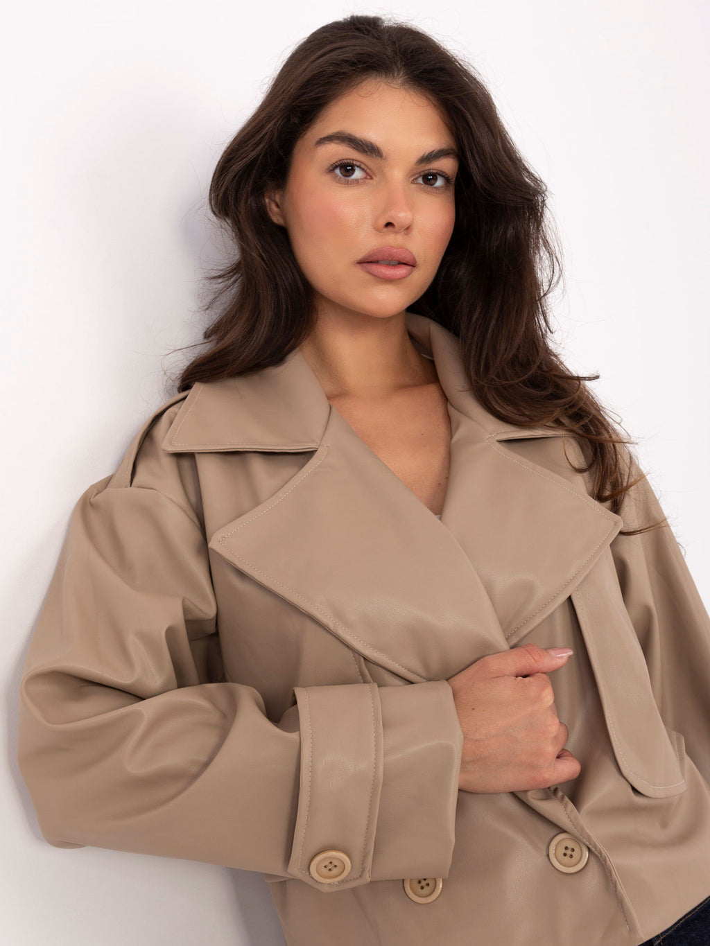 MELFIA Double-Breasted Faux Leather Coat