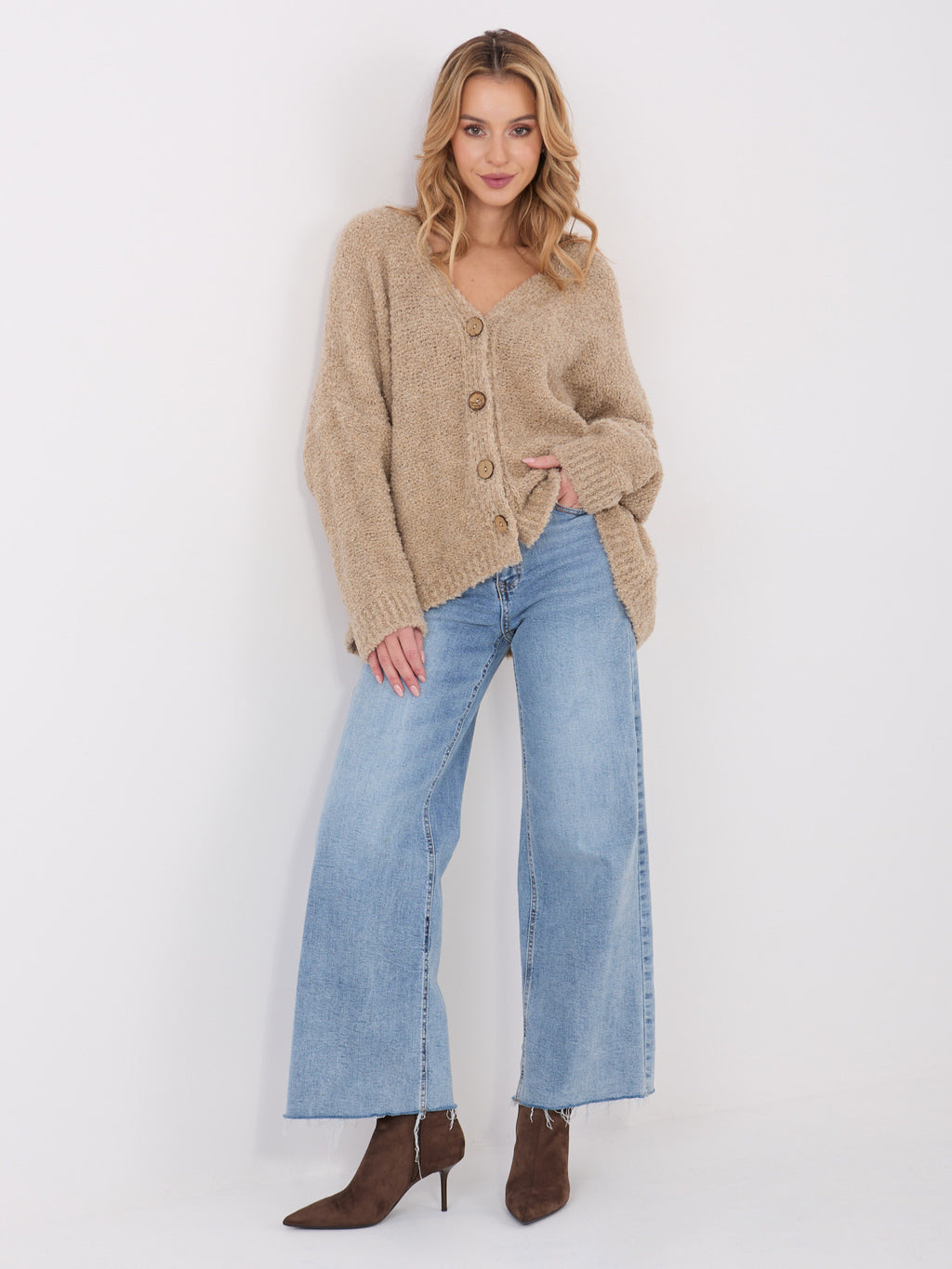 MELFIA® Bouclé-Pullover mit Zierknöpfen