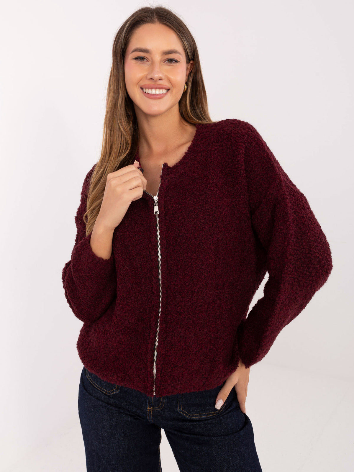 MELFIA® Schokoladenbrauner Bouclé-Pullover mit Reißverschluss