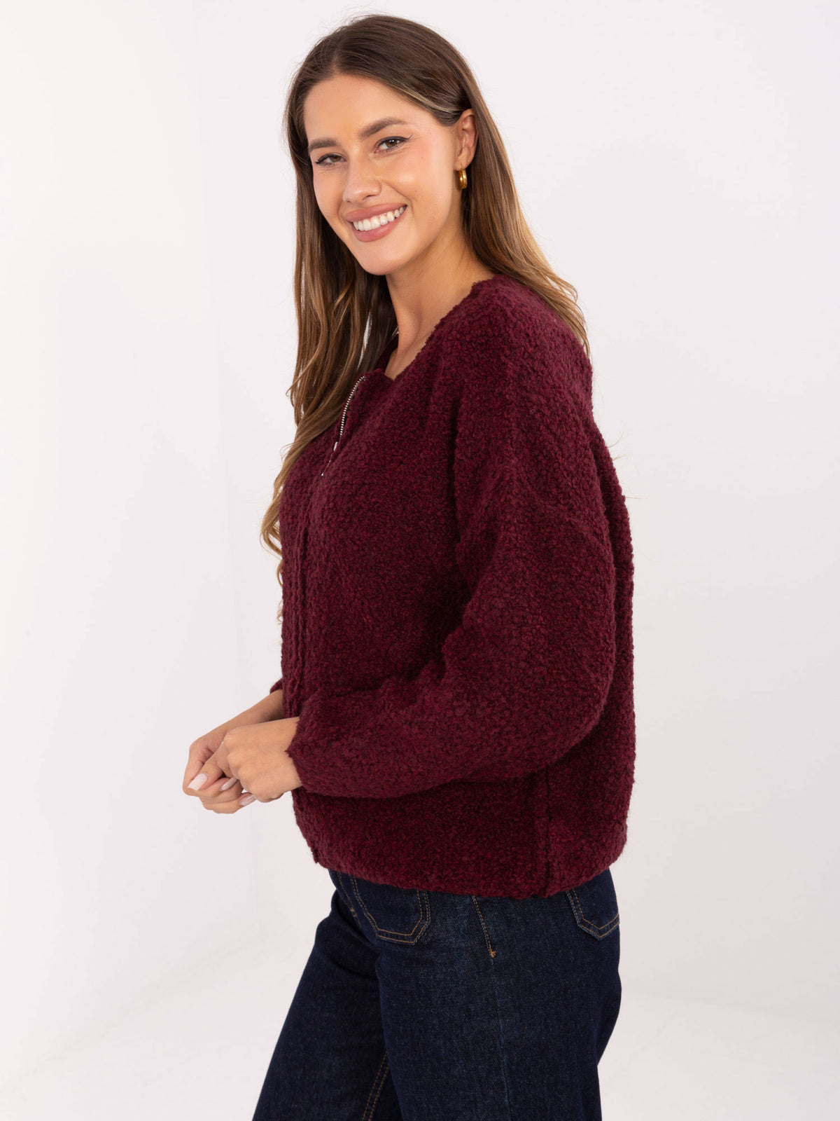 MELFIA® Schokoladenbrauner Bouclé-Pullover mit Reißverschluss