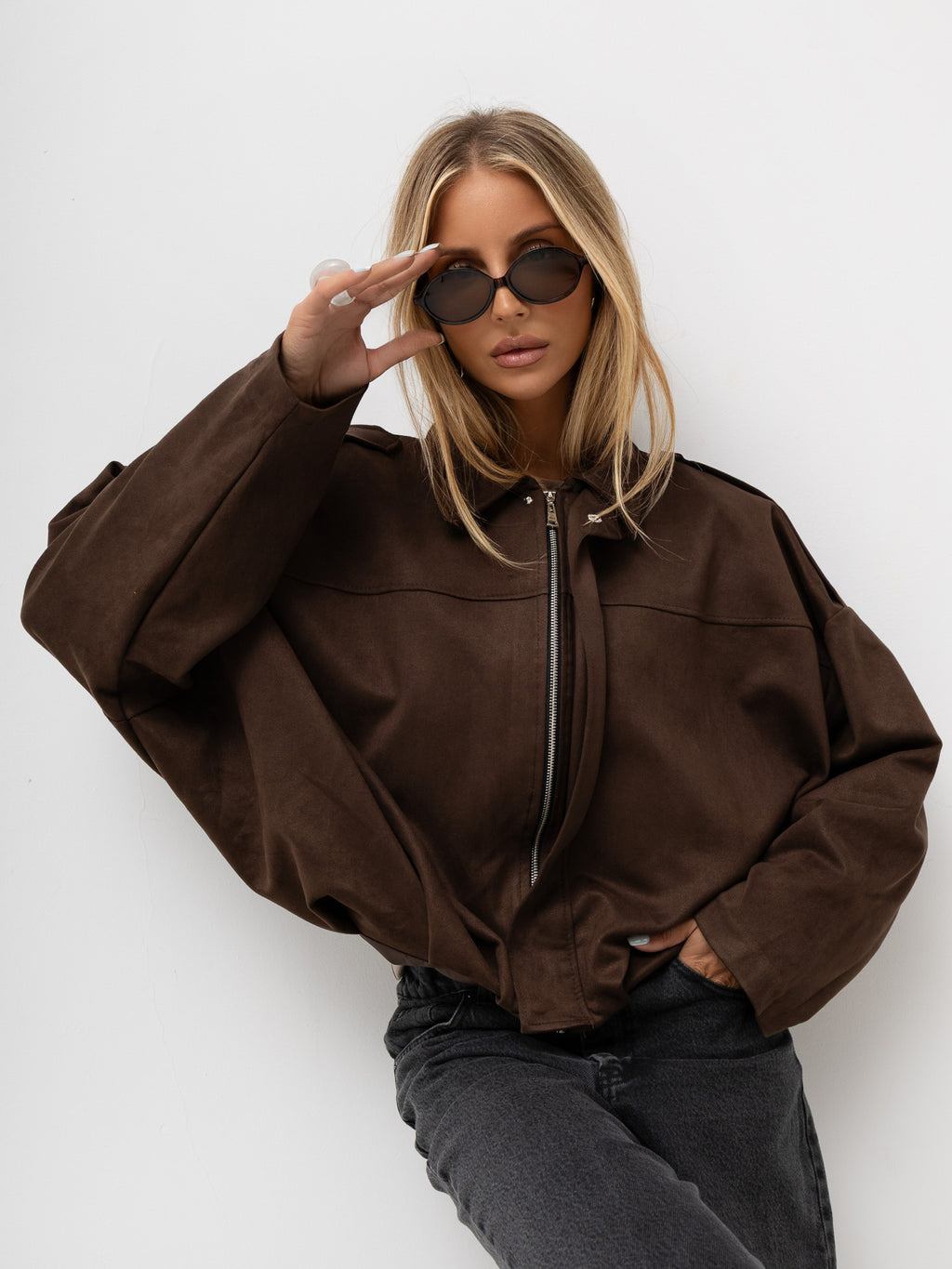 MELFIA Faux Suede Zip Bomber Jacket
