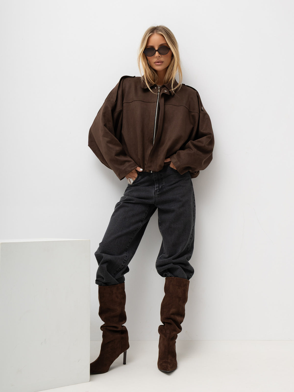 MELFIA Faux Suede Zip Bomber Jacket