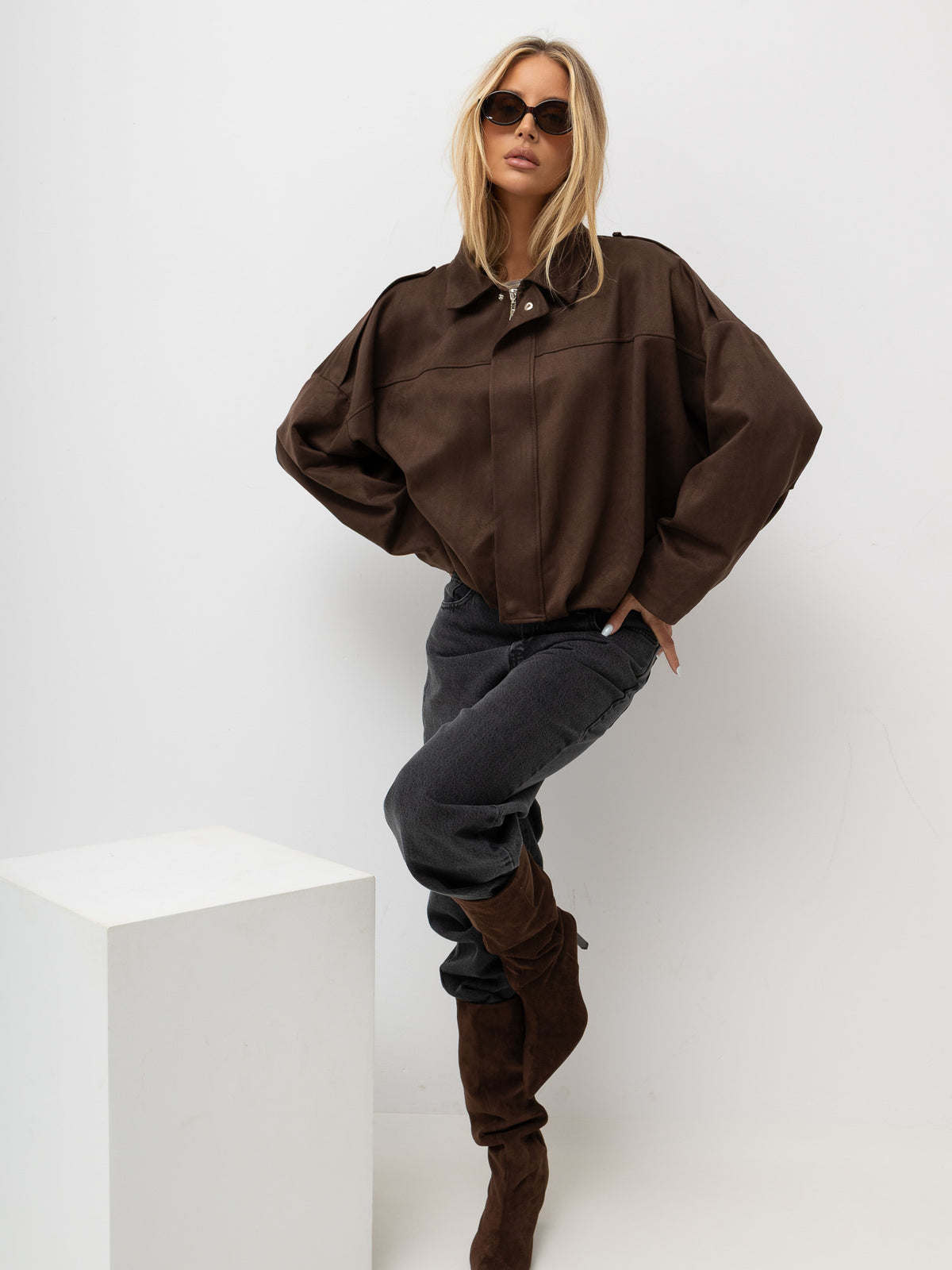 MELFIA Faux Suede Zip Bomber Jacket