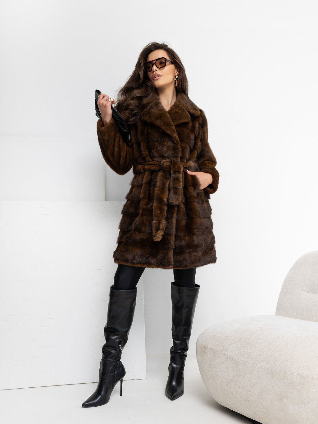 MELFIA Belted Faux Fur Coat