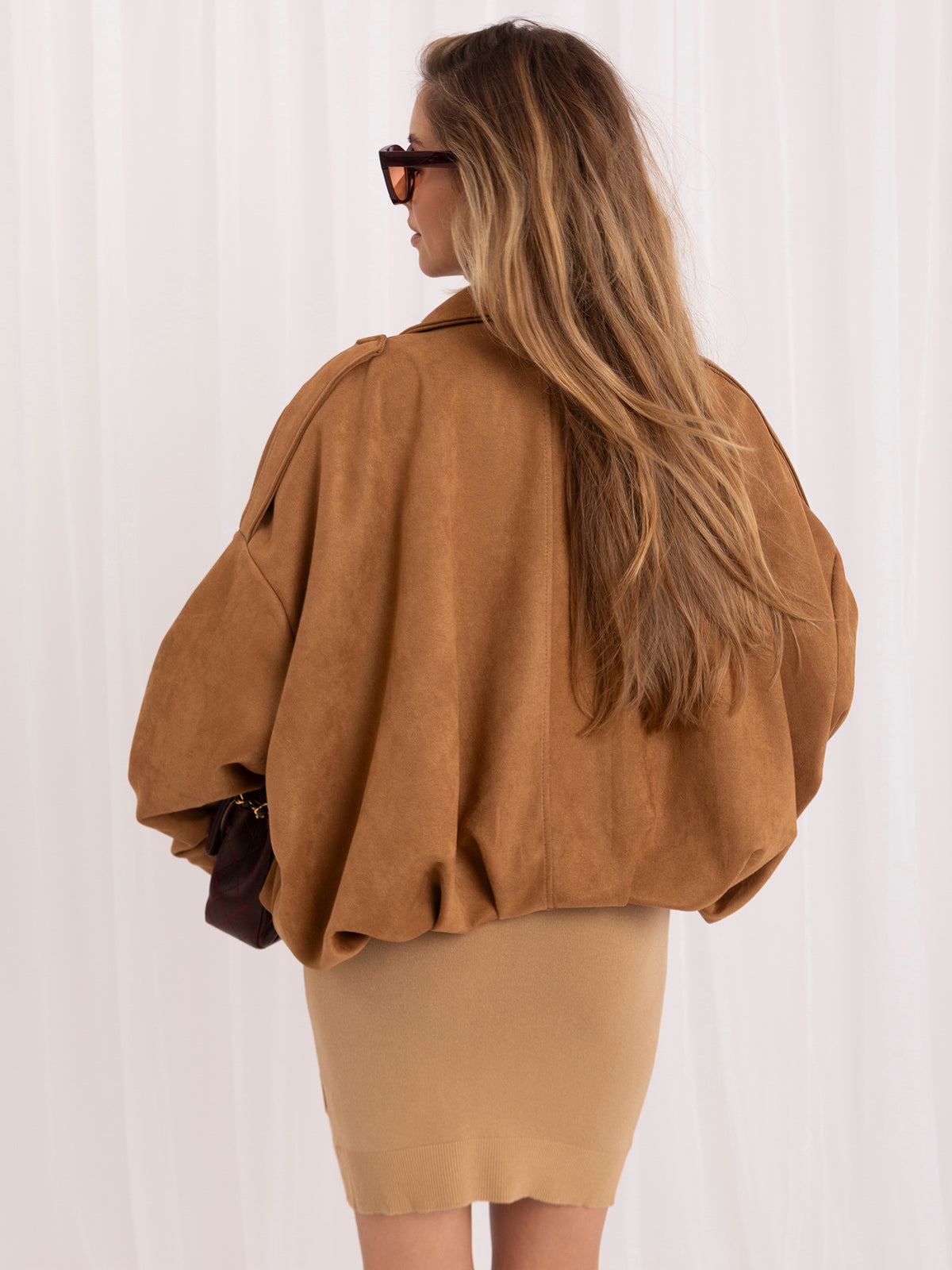 MELFIA Faux Suede Zip Bomber Jacket