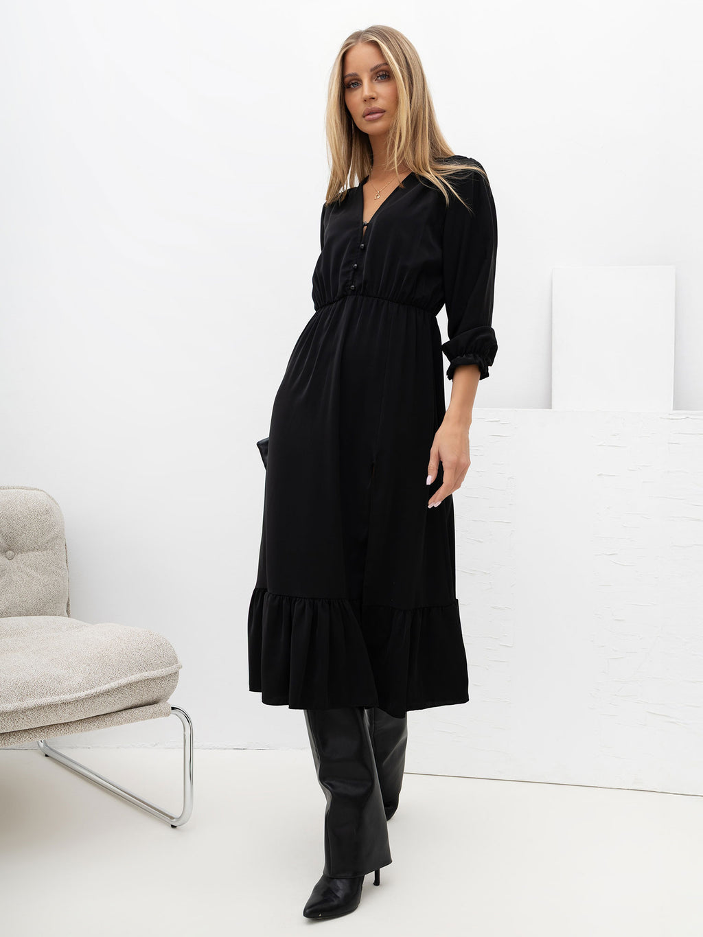 MELFIA ELARA – Midi-Kleid mit Rüschenärmeln