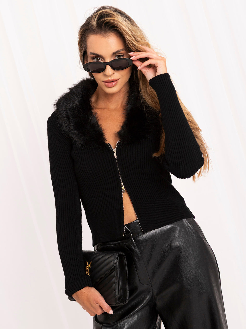 MELFIA Fur Trim Zip Cardigan