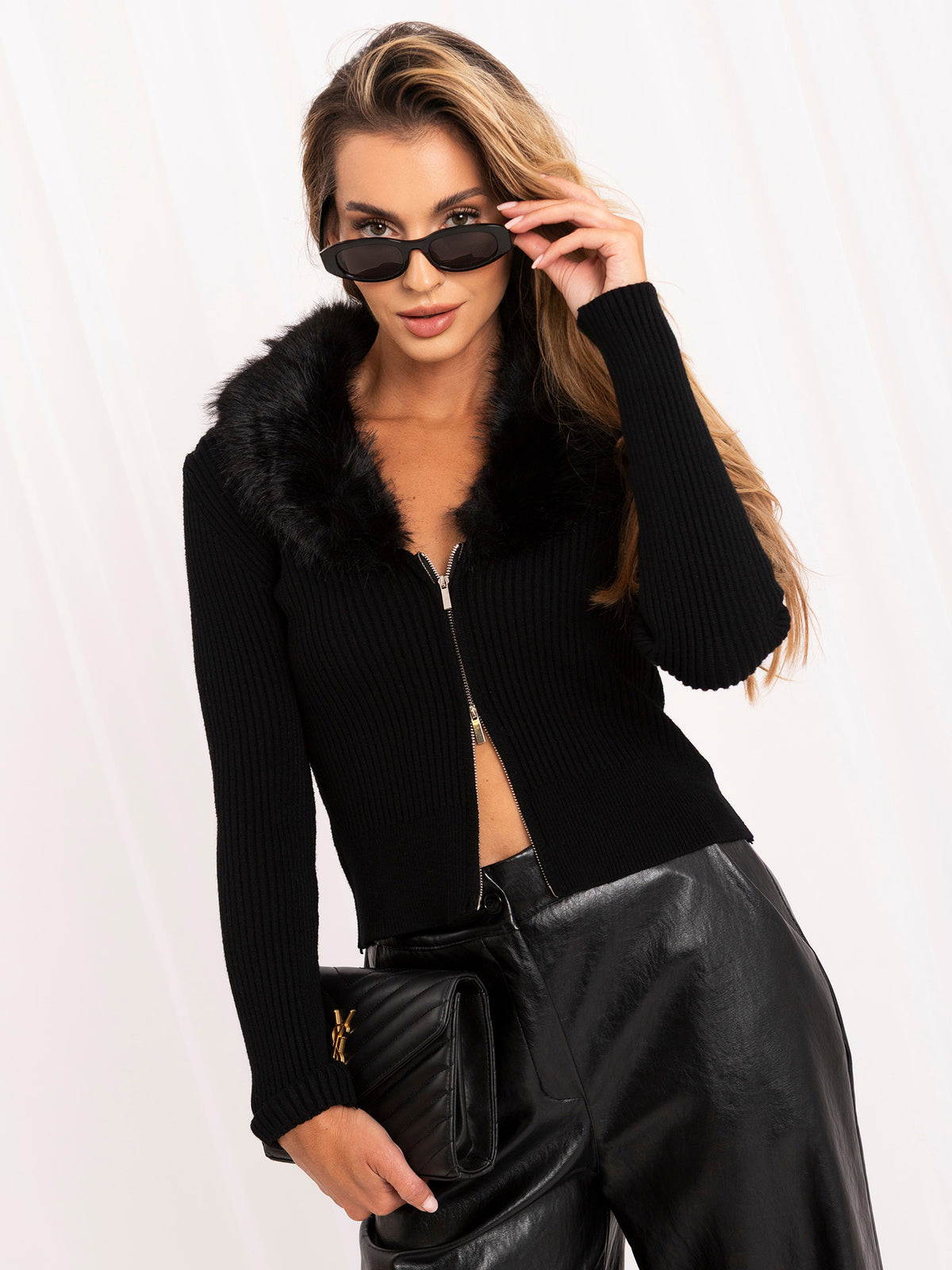 MELFIA Fur Trim Zip Cardigan
