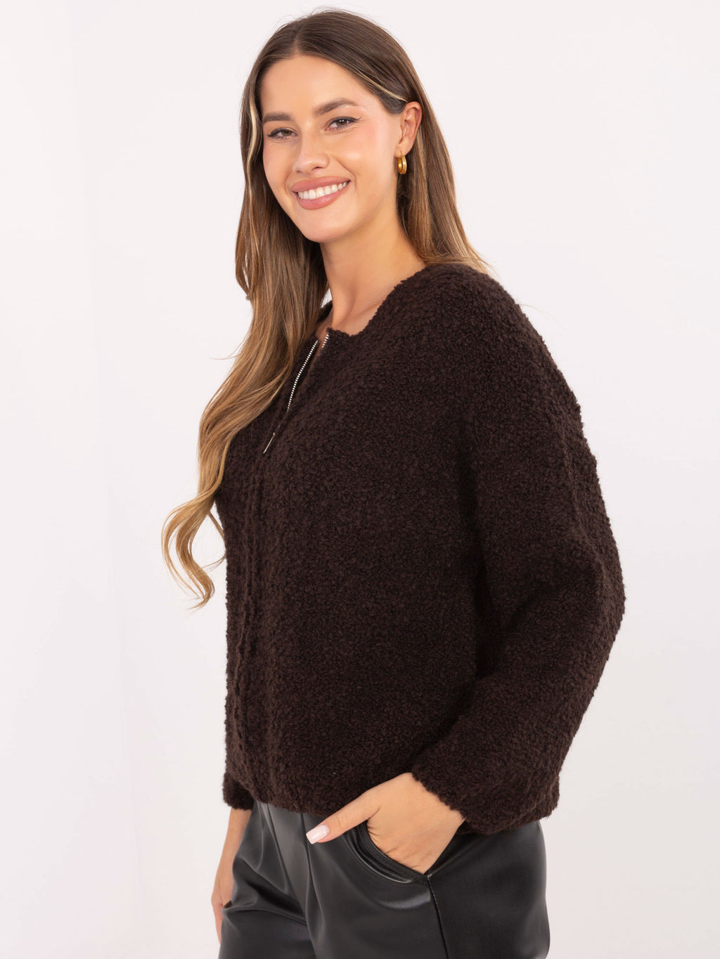 MELFIA® Schokoladenbrauner Bouclé-Pullover mit Reißverschluss
