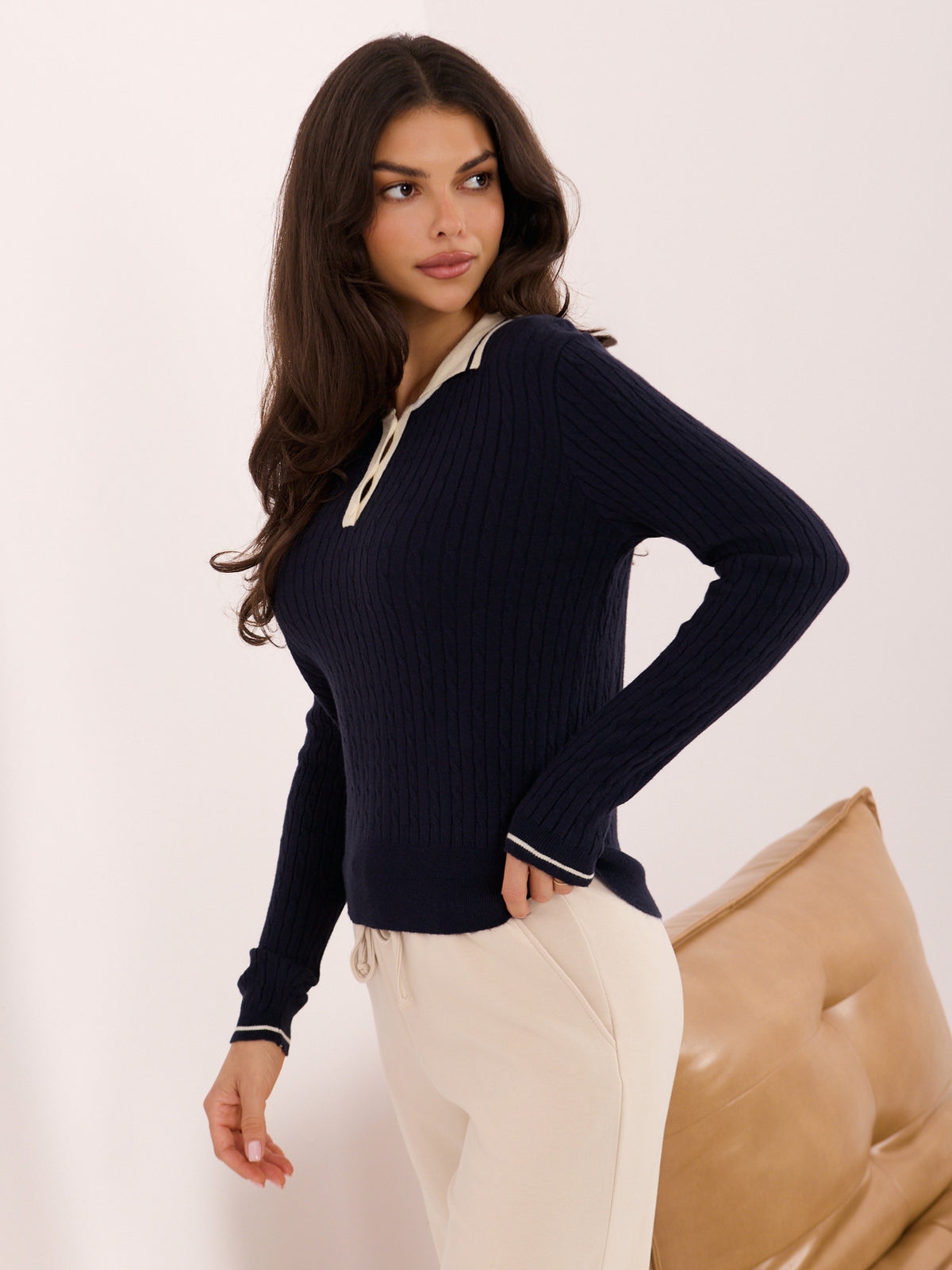 MELFIA – Damen-Polo-Pullover mit Zopfmuster