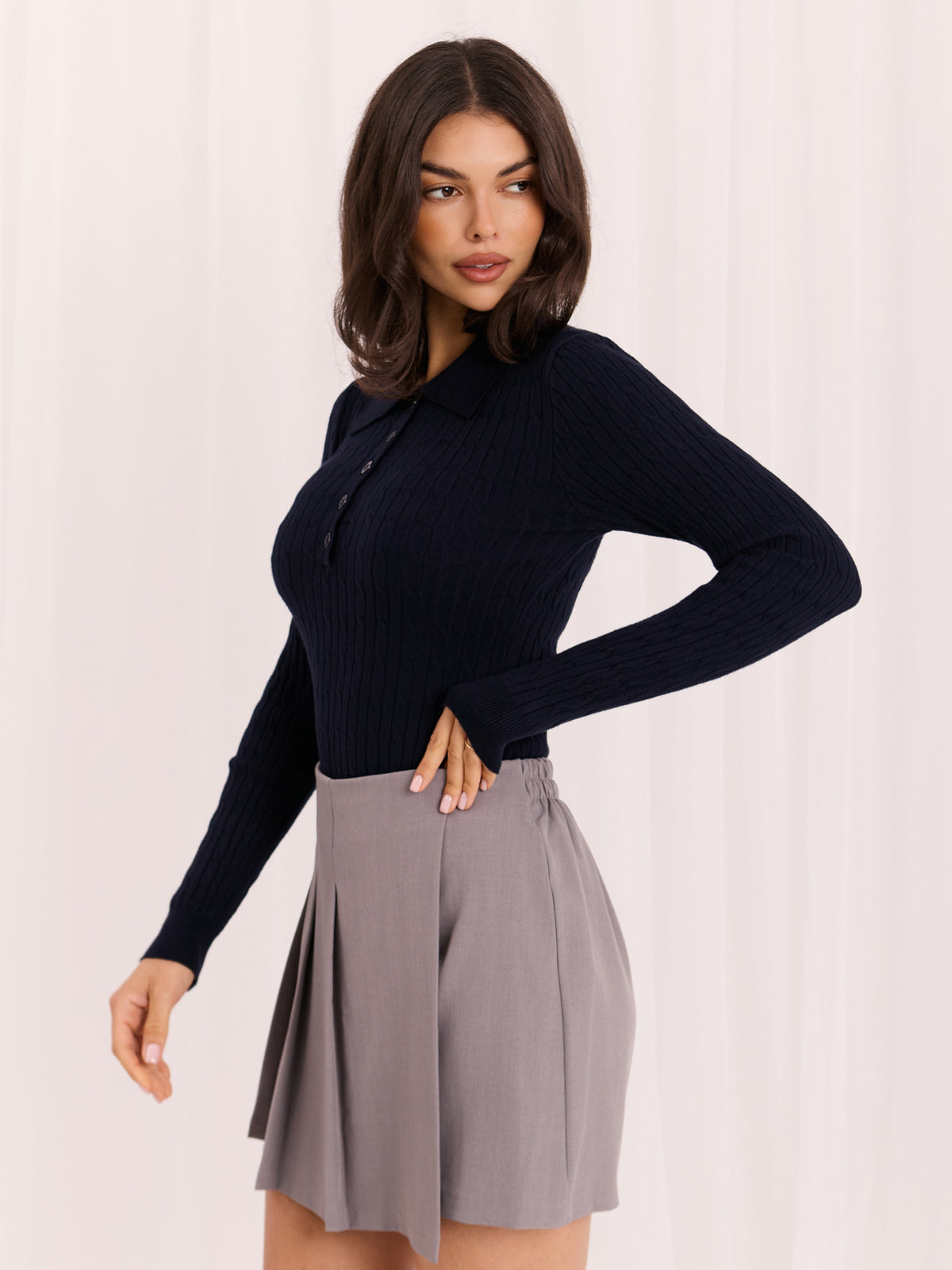 MELFIA – Zopfstrick-Pullover im Polo-Look