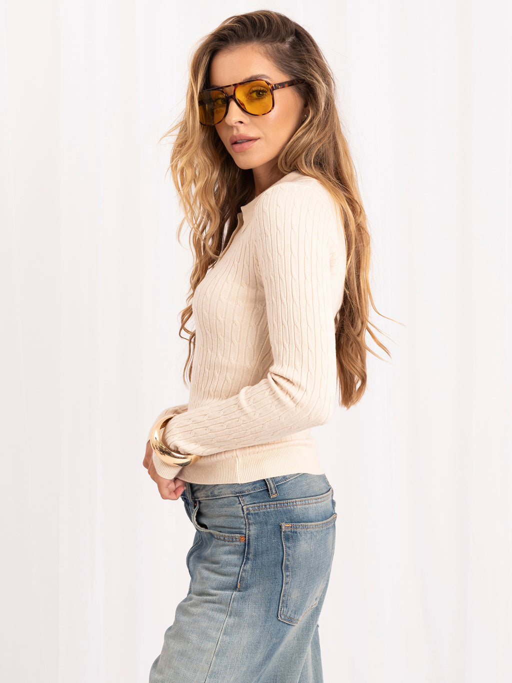 MELFIA – Zopfstrick-Pullover im Polo-Look