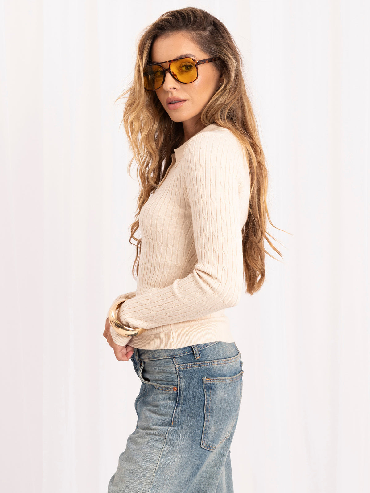 MELFIA – Zopfstrick-Pullover im Polo-Look
