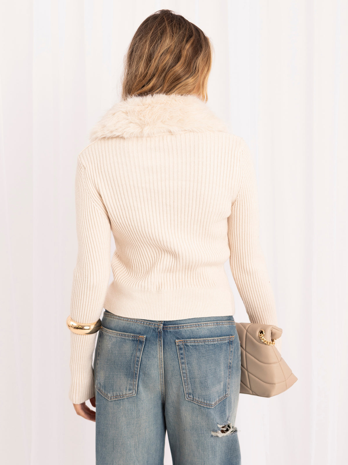 MELFIA Fur Trim Zip Cardigan