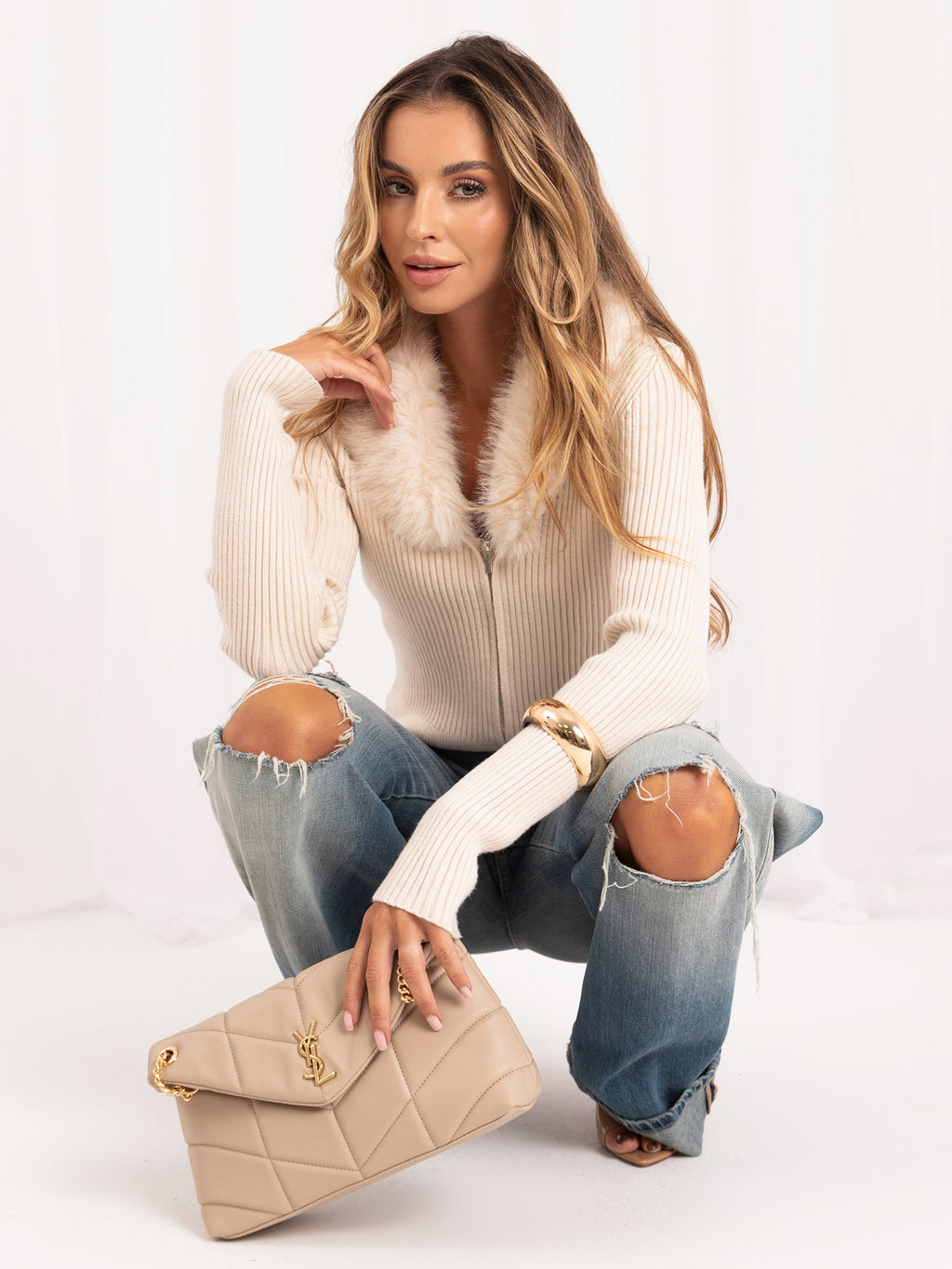 MELFIA Fur Trim Zip Cardigan