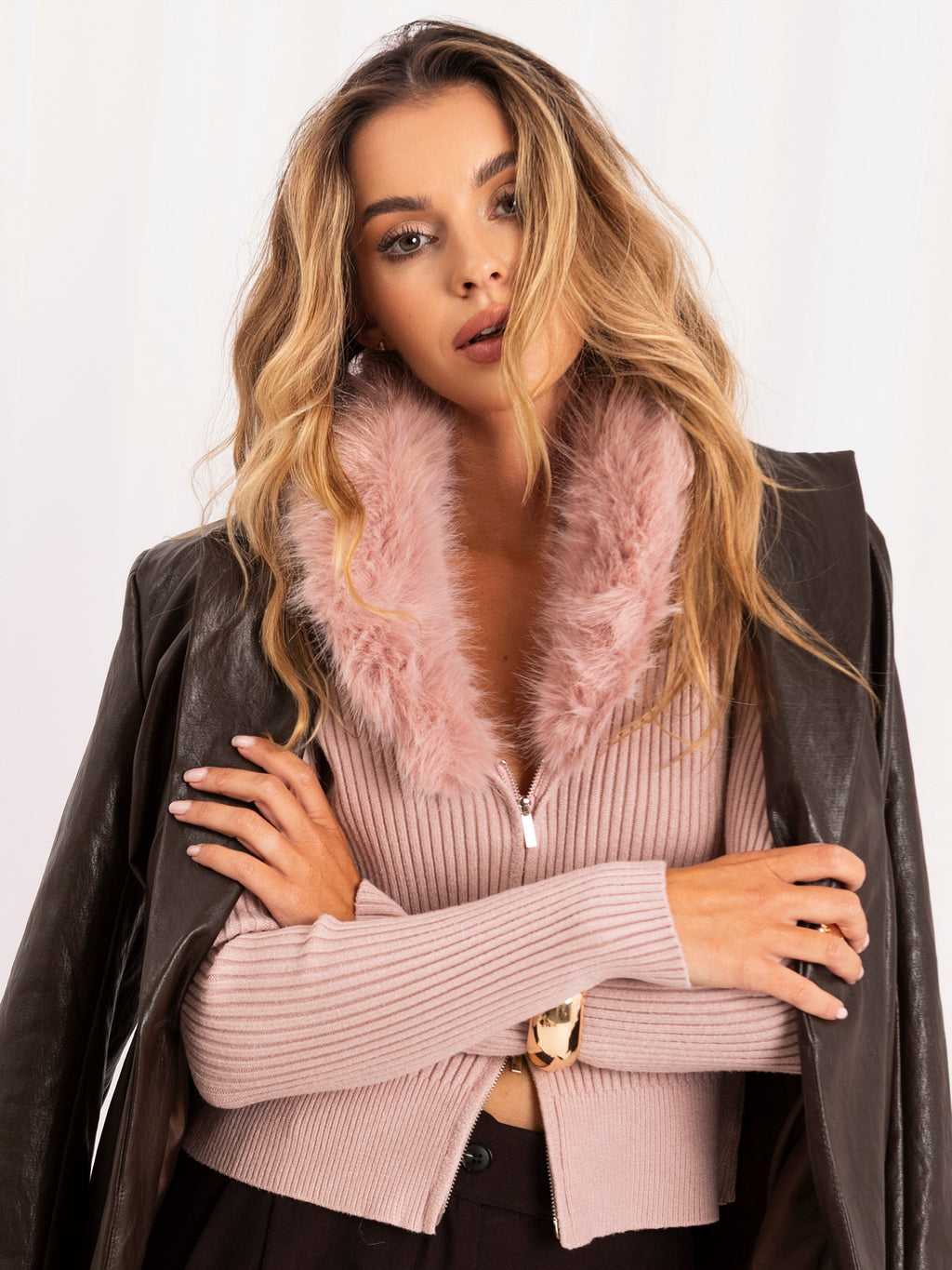 MELFIA Fur Trim Zip Cardigan