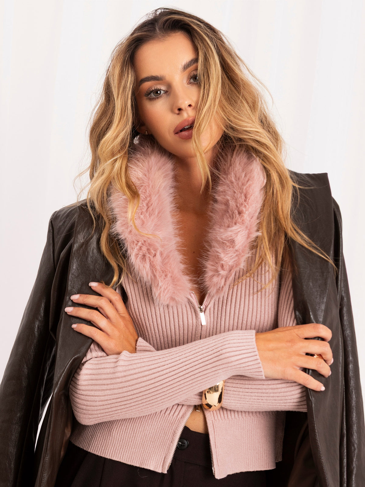 MELFIA Fur Trim Zip Cardigan