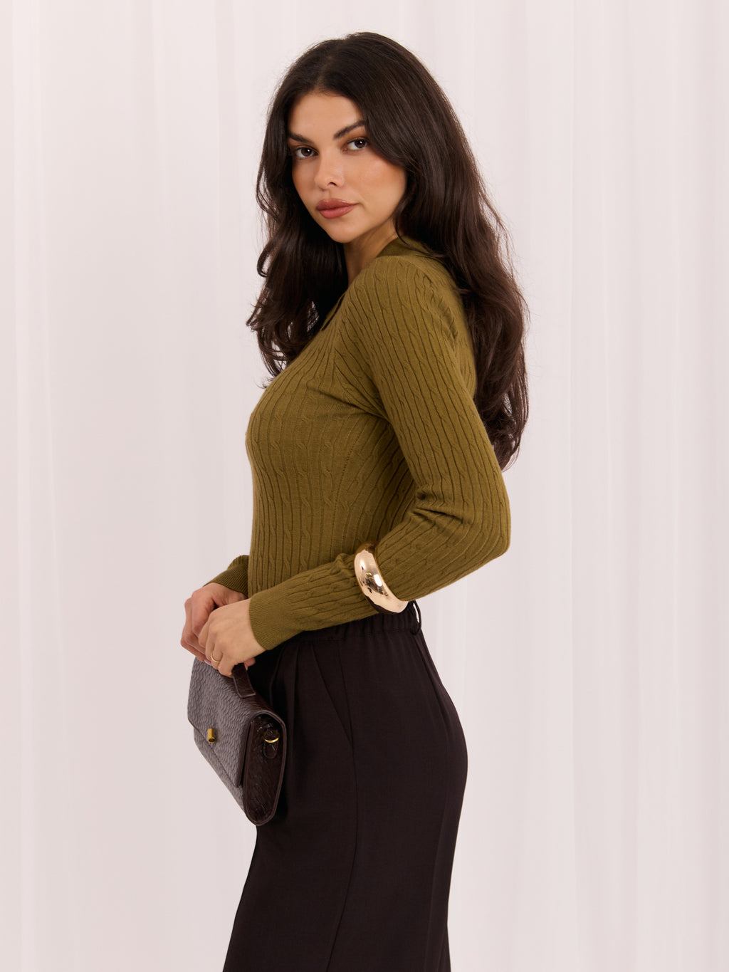 MELFIA – Zopfstrick-Pullover im Polo-Look