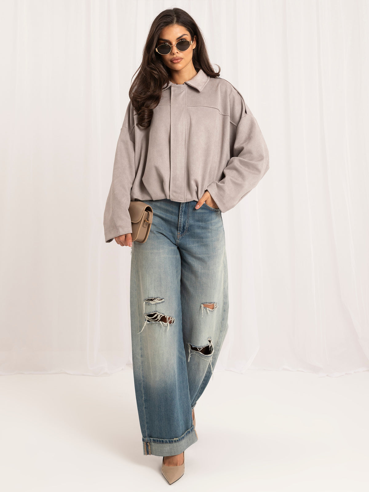 MELFIA Faux Suede Zip Bomber Jacket